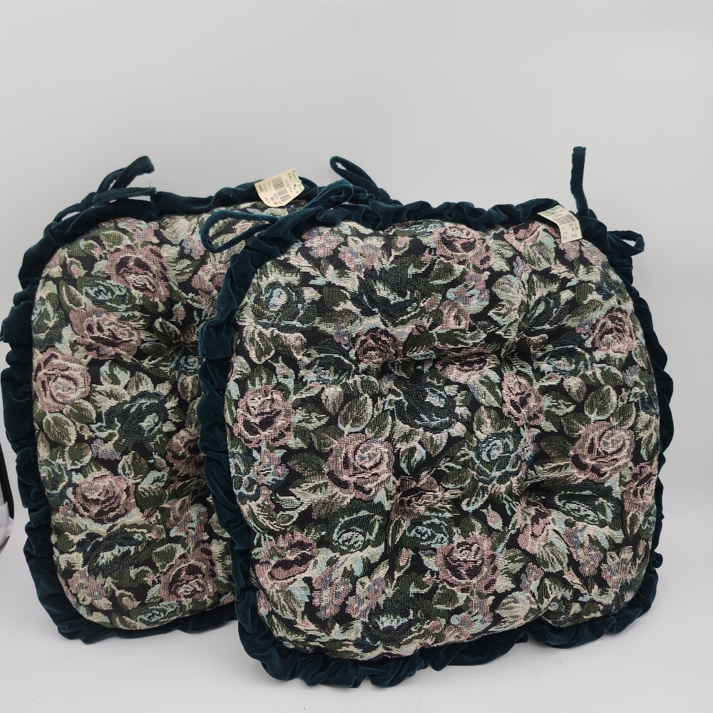 Vintage Floral Tapestry Seat Cushions with Dark Teal Trim - Set of 2